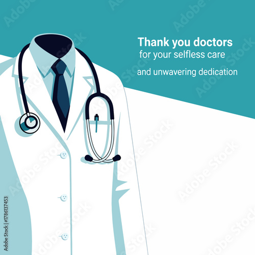 Close-up illustration of a doctor's white coat with a stethoscope draped, symbolizing healthcare, medical profession, and dedicated service
