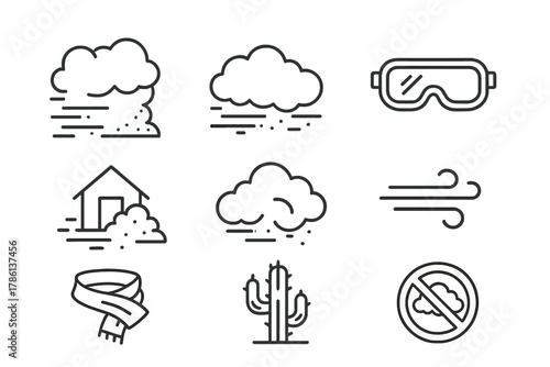 Extreme Dust Storm Icons. Line style icons of Extreme Dust Storm: Sandstorm Wall, Rolling Cloud, Goggles, Shelter, Dust Cloud,