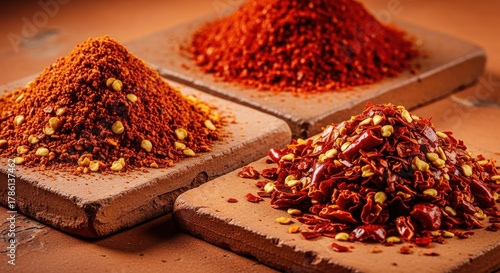 Three Piles of Dried Chili Flakes on Wooden Boards.