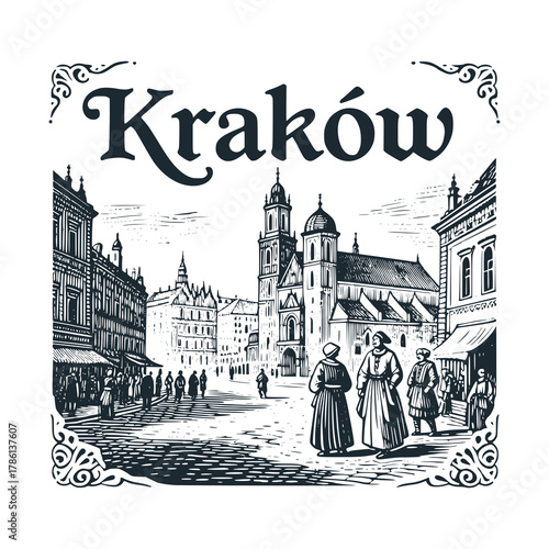 Old Krakow Travel engraved black white illustration	