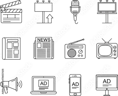 Collection of advertising and media icons including clapperboard microphone radio television newspaper smartphone and laptop with AD text