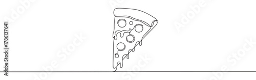Continuous one line drawing of a slice of pizza with melted cheese. Concept of fast food, italian cuisine and delicious meal