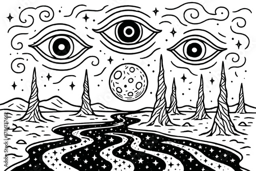 Surreal Starry Landscape. Surreal planet surface with rivers of stars, giant floating eyes in the sky, and twisted spires, black