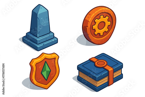 Explorer's Legacy Icons. Isometric vector illustration set Legacy of the Explorer: Memorial stone marker, engraved gear wheel,