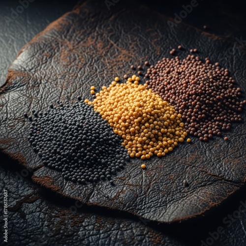 Three Piles of Mustard Seeds in Different Colors on a Dark Surface.
