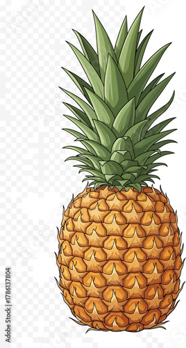 Vibrant illustration of a ripe pineapple with detailed skin texture and lush green leaves, isolated on a transparent background