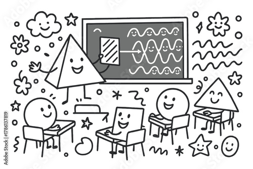 Light Physics Fun. Friendly doodle classroom with a happy teacher prism showing polarized light to smiling students, blackboard