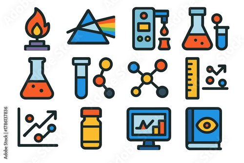 Chemical Analysis Icons. Flat vector icons of chemical analysis in pyrotechnics: flame test, spectroscopy, colorimeter, titration,