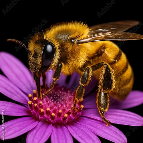 Detailed macro shot of a bee collecting pollen from a purple flower