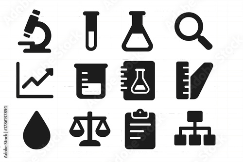 Solid Science Icons. Solid style icons of laboratory and scientific analysis: microscope, test tube, flask, magnifying glass,