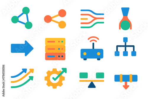 Network Optimization Icons. Flat vector icons of network and system optimization: network node, connection line, data flow,