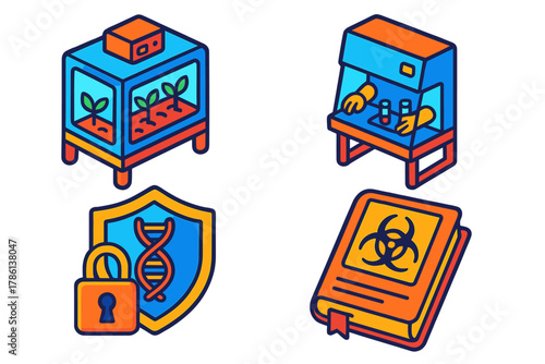 Biotech Containment Systems. Isometric vector illustration set Biotech Containment Systems: Sealed growth chamber, biosafety