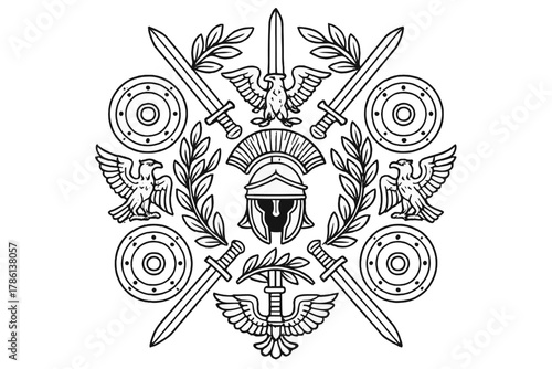 Gladiator Mandala Design. Roman gladiator helmet in the middle with swords, shields, eagles, and laurels radiating outward in a