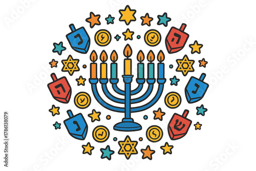 Hanukkah Mandala Design. Hanukkah menorah in the center with candles, dreidels, stars, and coins arranged in traditional holiday
