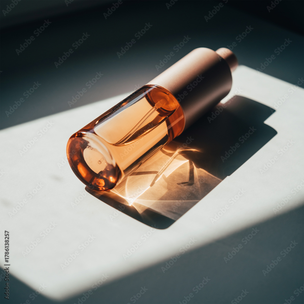 Obraz premium Amber Glass Dropper Bottle Mockup with Hard Sunlight and Dramatic Shadow