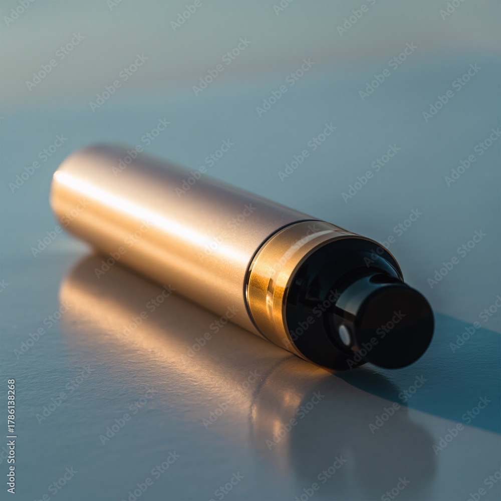 Obraz premium Horizontal Metallic Cylindrical Spray Bottle Mockup on Reflective Surface