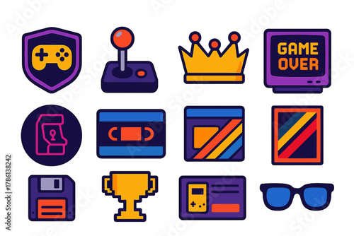 Retro Gaming Icons. Flat vector icons of Retro Gaming Culture: gamer badge, joystick cap, high score crown, game over screen, neon