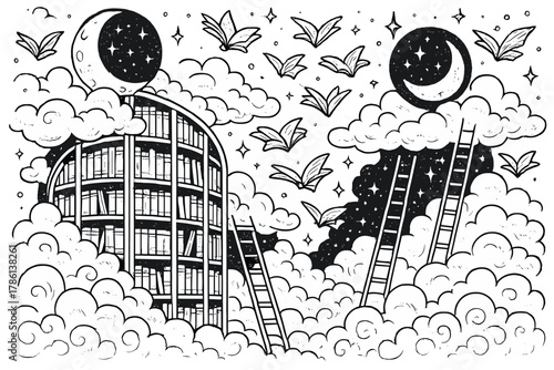 Cloud Library. Magical library in the clouds with books flying like birds, ladders into the stars, and glowing moons, black and