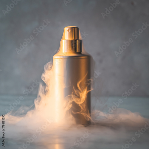 Metallic Cosmetic Spray Bottle Mockup Emerging from Dramatic Smoke or Mist © image@9
