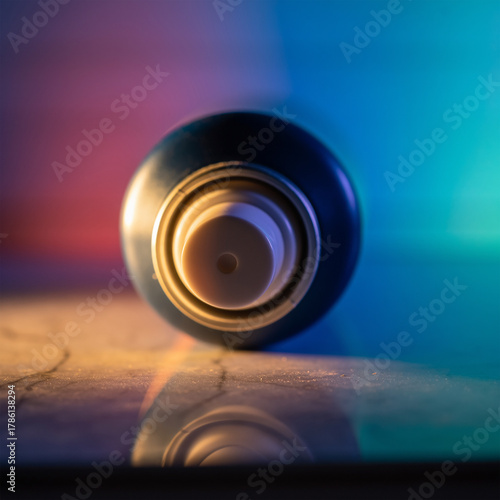 High-Angle View of Aerosol Spray Can Top Mockup with Neon Light © image@9