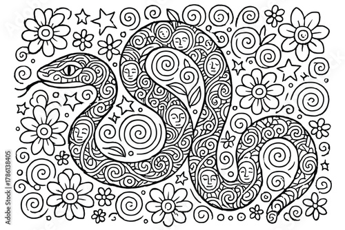 Psychedelic Snake Art. Psychedelic snake coiled through flowers, stars, and spirals with hidden faces in the patterns, black and