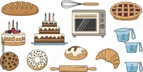 A delightful collection of baked goods and baking tools including bread cake pie donut croissant cookie rolling pin oven and whisk