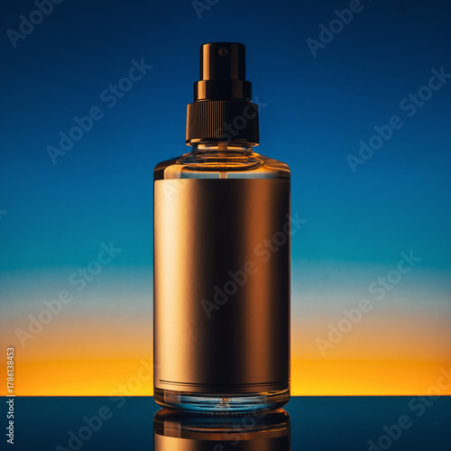 Cylindrical Cosmetic Spray Bottle Mockup on Bold Blue and Orange Gradient © image@9
