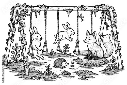 Nature Reclaims Playground. Old playground overtaken by ivy and moss, with rabbits, hedgehogs, and foxes playing on broken swings,