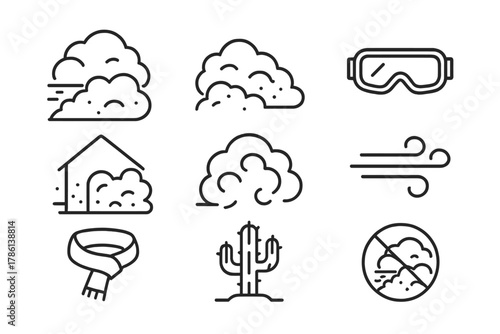 Extreme Dust Storm Icons. Line style icons of Extreme Dust Storm: Sandstorm Wall, Rolling Cloud, Goggles, Shelter, Dust Cloud,