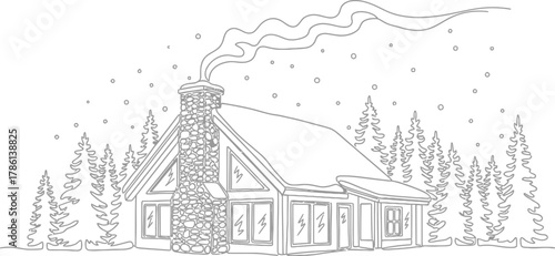 Cozy cabin in winter with snow and smoke from the chimney
