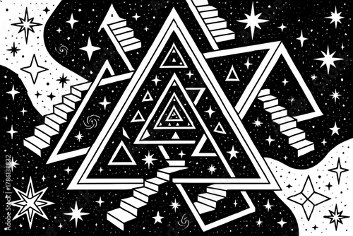 Cosmic Fractal Illusions. Abstract cosmic illusion with fractal stars, infinite triangles, and floating stairs into the void,