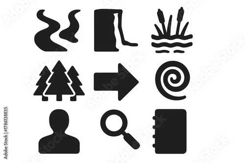 Battlefield Natural Obstacles. Solid style icons of natural obstacles in battles: river, cliff, swamp, forest, arrow, spiral,