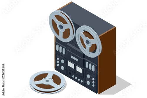 Isometric illustration of a retro reel-to-reel tape recorder with reels and knobs. Classic analog audio equipment symbolizing vintage sound recording and studio technology.