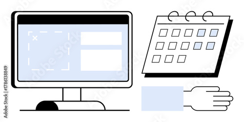 Computer screen with interface mockup, calendar grid with selected dates, and hand gesture. Ideal for productivity, task management, scheduling, organization, planning deadlines focus. Simple flat