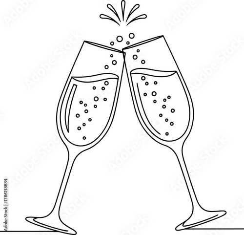 Two champagne glasses toasting in a minimalist line art style