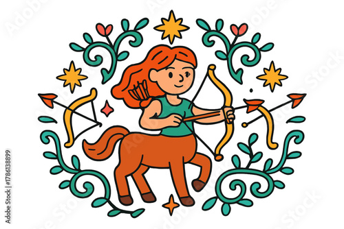 Mythical Centaur Mandala. Centaur in the middle with bows, arrows, vines, and stars radiating outward in mythical mandala design,