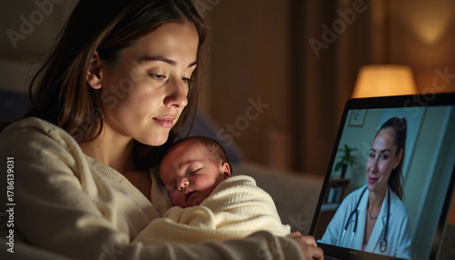 A mother holds a newborn baby in her arms during a video call with a doctor on a laptop at night in a softly lit bedroom.