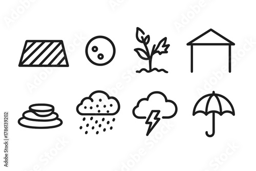 Hailstorm Iconography Scene. Line style icons of Hailstorm Landscape: Field, Hailstone, Damaged Crop, Shelter, Ice Accumulation,