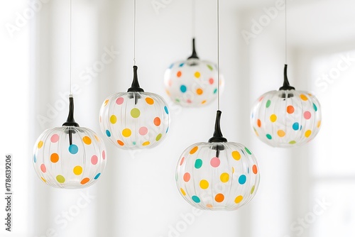 Polka dot pumpkin pendant lights hanging against a blurred white background