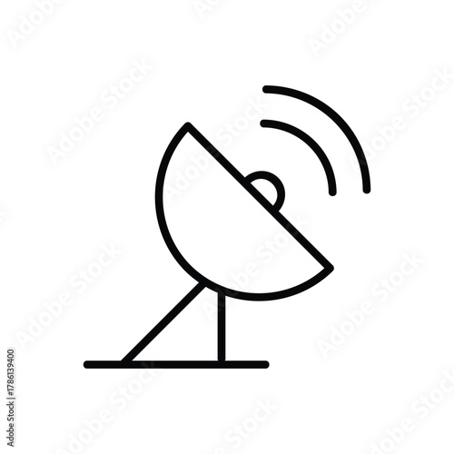 The image shows a satellite dish in black outline It is angled and has three curved lines emanating from it symbolizing broadcast signals