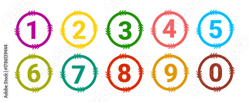 Bullet points numbers from 0 to 9. Number markers, tag icons, steps. Set of colorful number vectors with circle-shaped designs.