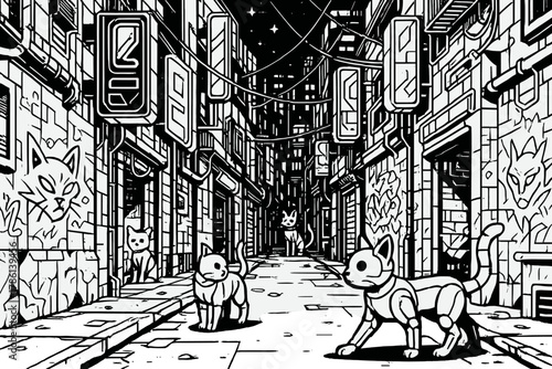 Cyberpunk Cityscape Art. Futuristic cyberpunk city street with neon signs, narrow alleys, graffiti walls, and robotic cats