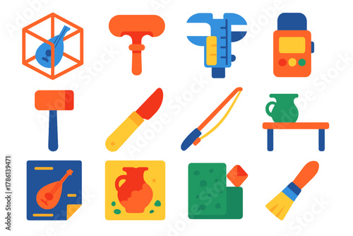 Ancient Instrument Icons. Flat vector icons of ancient instrument reconstruction tools: 3D model, tuning key, measurement caliper,