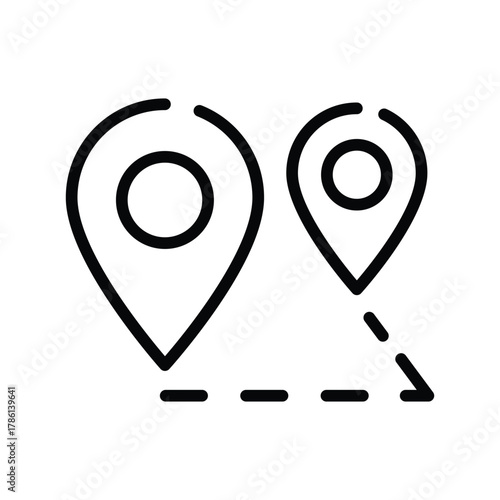 Two location markers connected by a dashed line Each marker is a teardrop shape with a circle inside