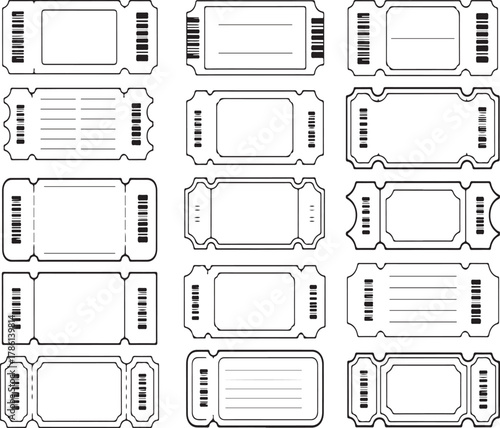 Collection of blank tickets with barcode patterns ticket, barcode, pattern, blank, design, template, event, admission, coupon, voucher, access, entry, pass, illustration, graphic, shape, border, frame
