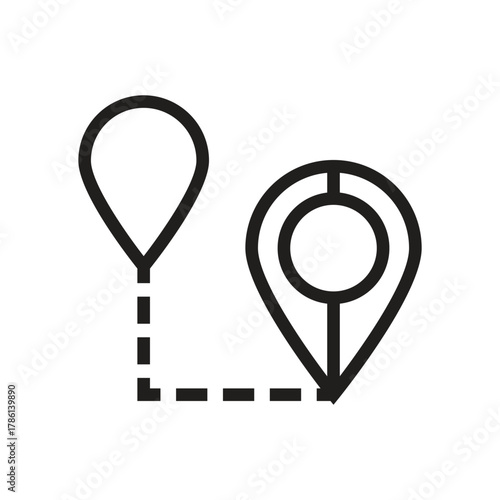 Two location markers linked by a dotted line The second marker has a circle inside