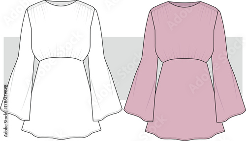 Women's elegant mini dress, bell sleeve fashion design, flat sketch illustration. Sateen dress vector. Cad, Mockup.