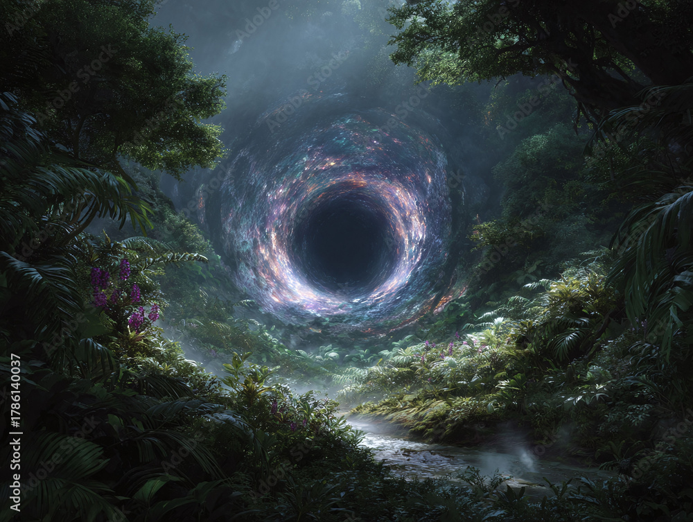 Fototapeta premium Mysterious portal in a lush forest. Evokes fantasy, escape, and the unknown. Perfect for book covers, creative projects, or imaginative concepts.