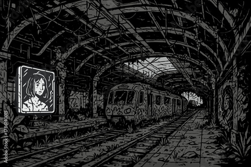 Overgrown Cyberpunk Train Station. Abandoned cyberpunk train station with overgrown plants, broken holograms, graffiti murals, and