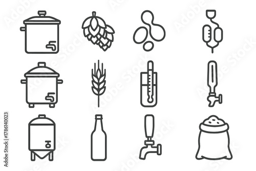 Artisan Brewing Icons. Line style icons of Artisan Brewing: Mash Tun, Hops Cones, Yeast Strain, Fermentation Lock; Brewing Kettle,